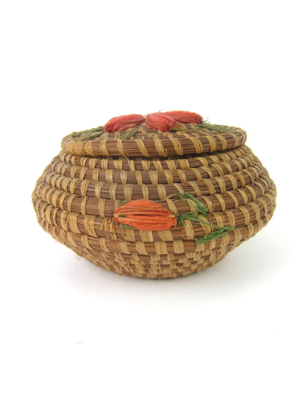 Coushatta Pine Needle Basket Applied Flowers Lidded Native American Vintage RARE